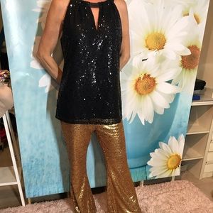 Black sequin top and gold bell bottom set size 6